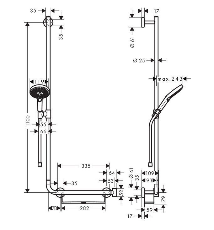 Фото Душевой набор hansgrohe Raindance Select S 120 3jet 26324400 со штангой 110 см, левосторонний