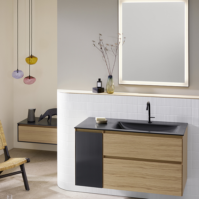 Фото Тумба с раковиной Burgbad Accura 112 SGVI111R F6077 C0038 левая натуральный дуб/антрацит/черный матовый