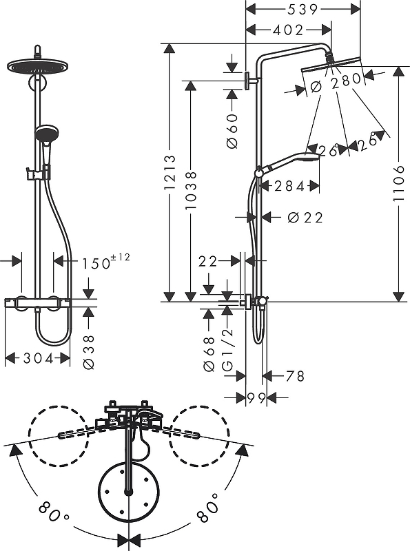 Фото Душевая стойка hansgrohe Croma Select S 280 26890700 1 режим струи белый матовый