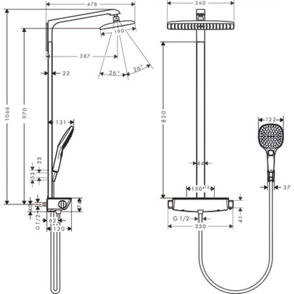 Фото Душевая стойка с термостатом hansgrohe Raindance E Showerpipe 360 1jet EcoSmart 27286400 белый/хром
