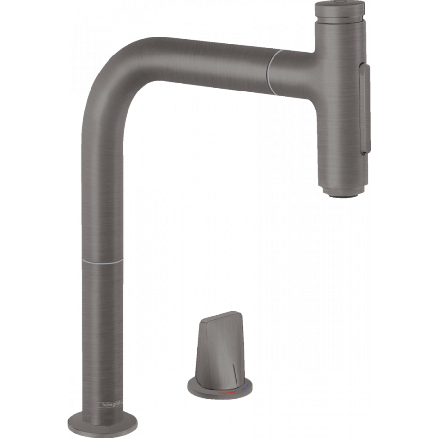 Фото Смеситель для кухни hansgrohe Metris Select M71 200, 2jet, sBox 73818340 на 2 отверстия, с вытяжным душем, шлифованный черный хром