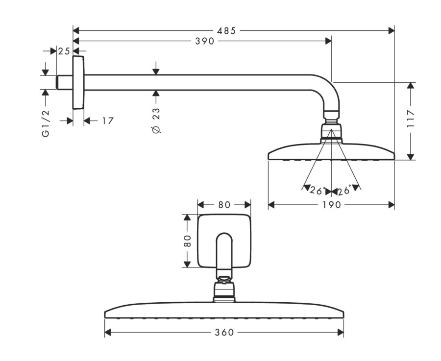 Фото Верхний душ hansgrohe Raindanc 360 1jet EcoSmart 26605000 9 л/мин с держателем хром