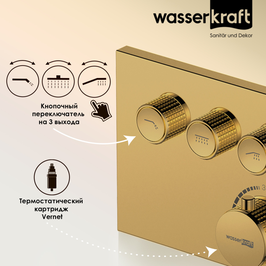 Фото Душевой комплект WasserKRAFT Sauer A7158.183.261.280.197.281.187 Thermo с термостатом глянцевое золото