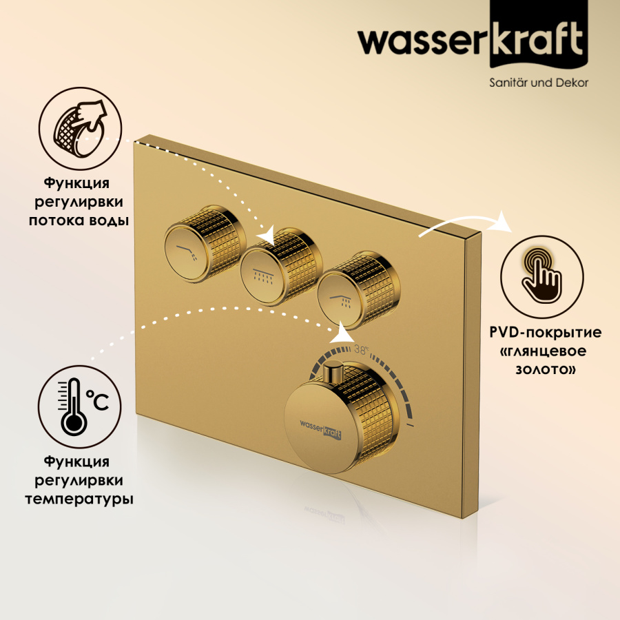 Фото Душевой комплект WasserKRAFT Sauer A7158.183.261.280.197.281.187 Thermo с термостатом глянцевое золото