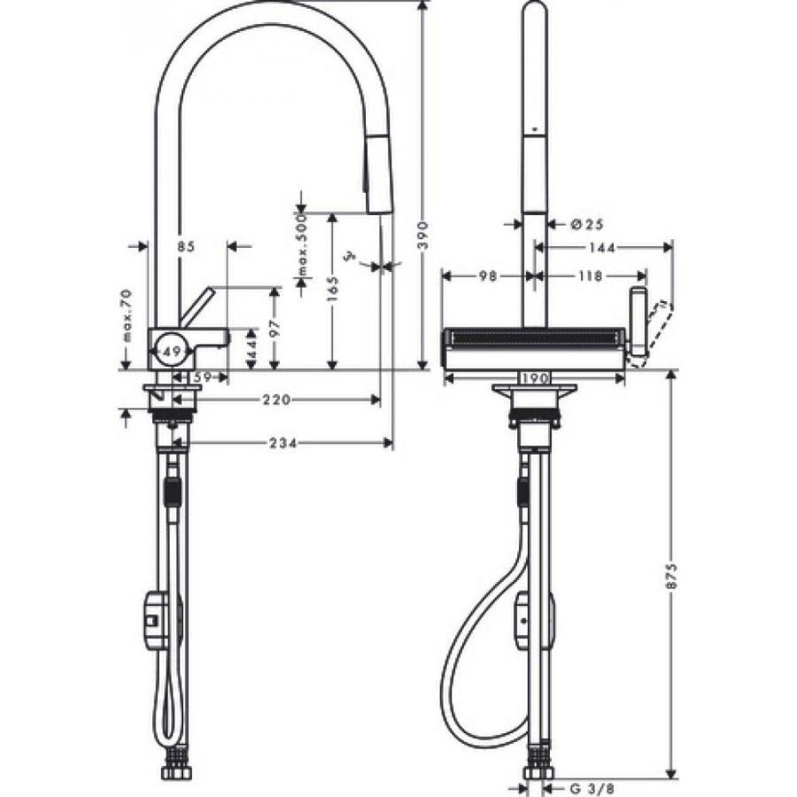 Фото Смеситель для кухни hansgrohe Aquno Select M81, 170, 3jet 73837670 с вытяжным душем матовый черный
