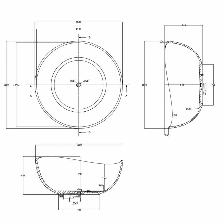 Фото Прозрачная ванна Abber Kristall 150x150 AT9705Onyx оникс