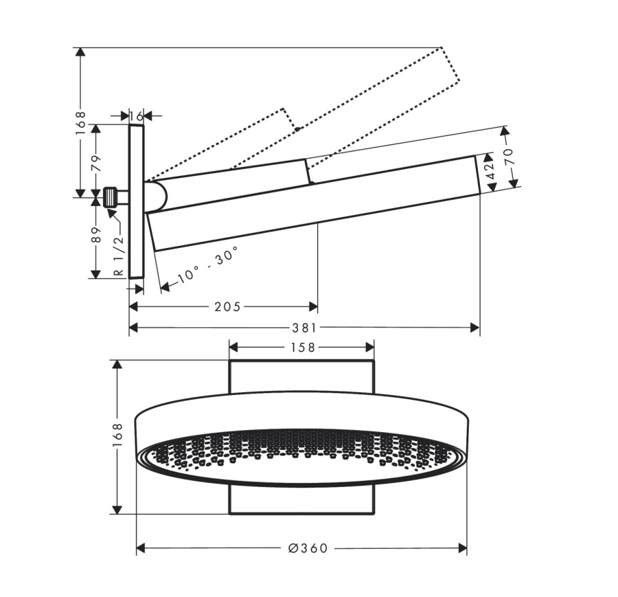 Фото Верхний душ hansgrohe Rainfinity 360 1jet 26230670 с настенным креплением, матовый черный