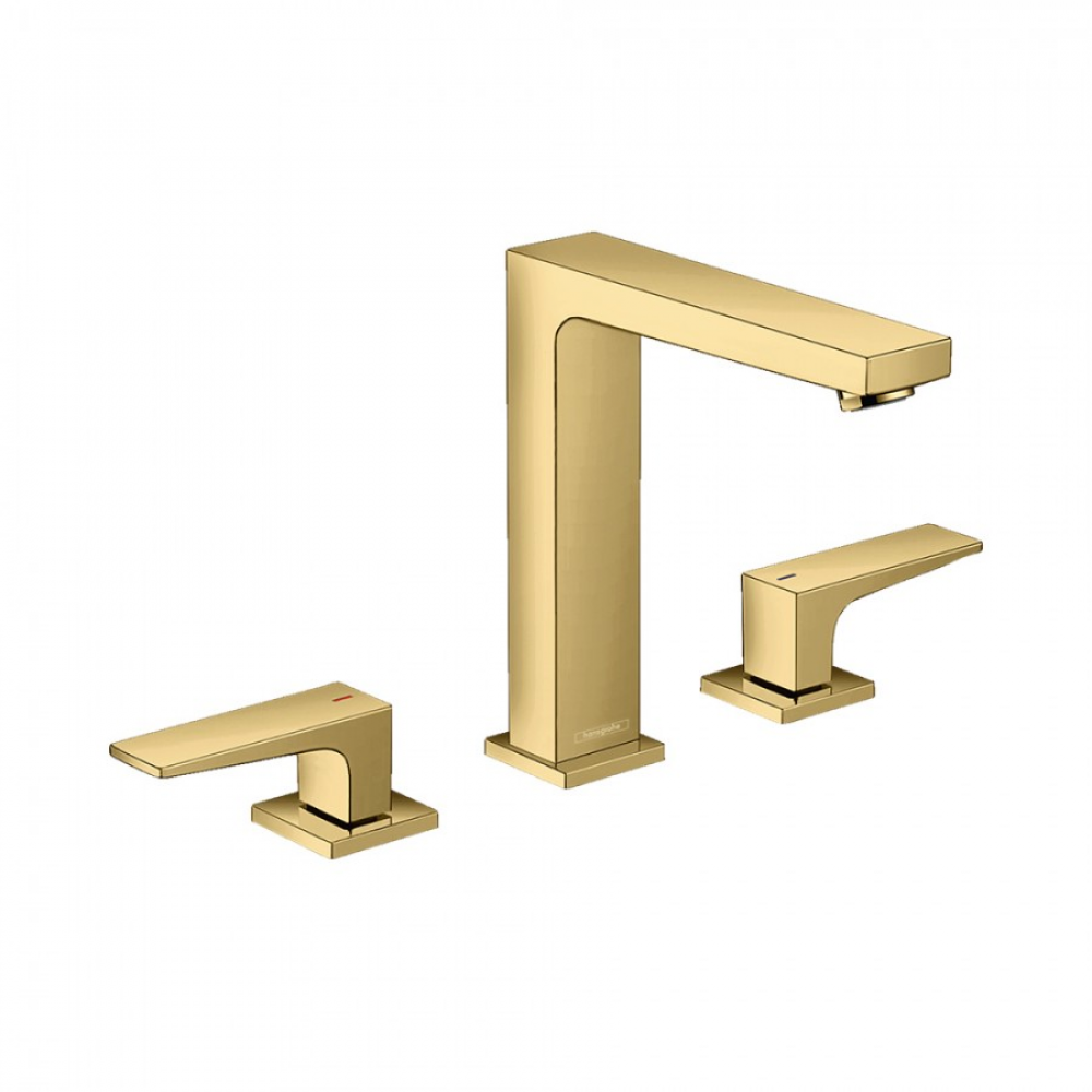 Фото Смеситель для раковины hansgrohe Metropol 160 32515990 на 3 отверстия, со сливным клапаном Push-Open,полированное золото