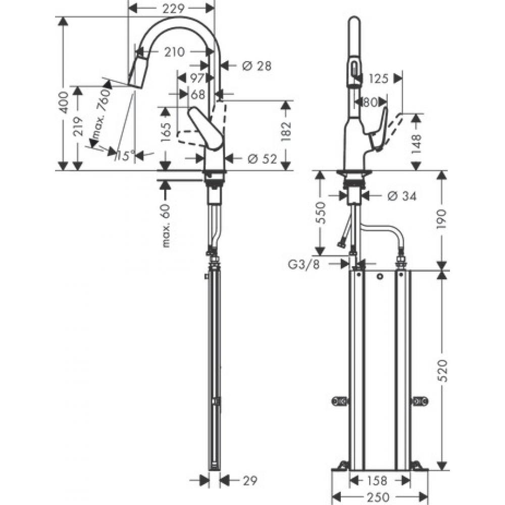 Фото Смеситель для кухни hansgrohe Focus M42, 220, 2jet, sBox, 71820800 с вытяжным душем сталь