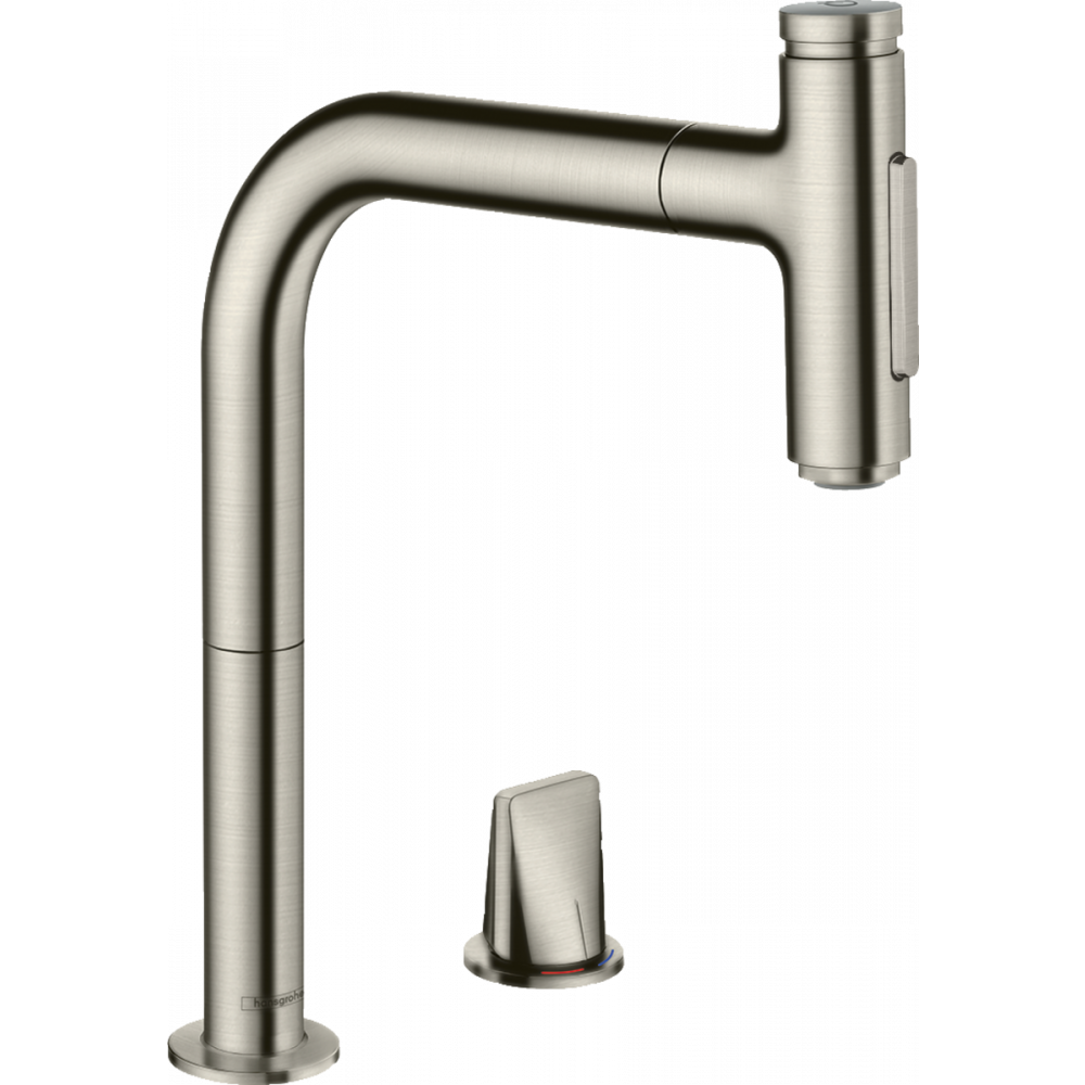 Фото Смеситель для кухни hansgrohe Metris Select M71 200, 2jet, sBox 73818800 на 2 отверстия, с вытяжным душем, сталь