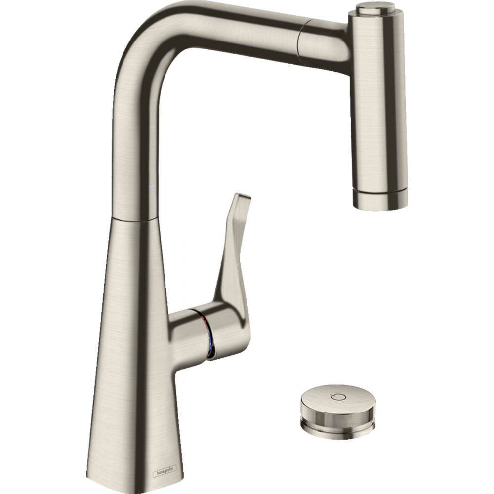 Фото Смеситель для кухни hansgrohe Metris Select M71 220, 2jet, sBox 73805800 на 2 отверстия, с вытяжным душем, сталь