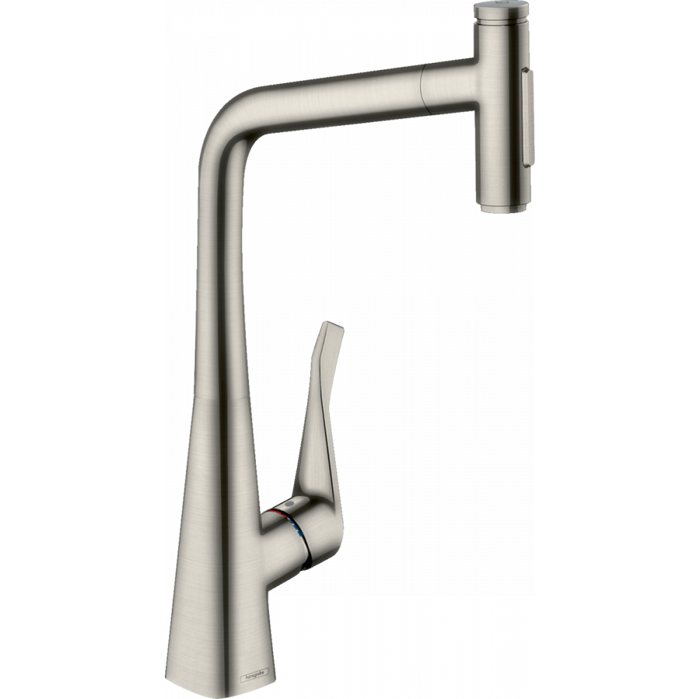 Фото Смеситель для кухни hansgrohe Metris Select M71, 320, 2jet 73820800 с вытяжным душем сталь