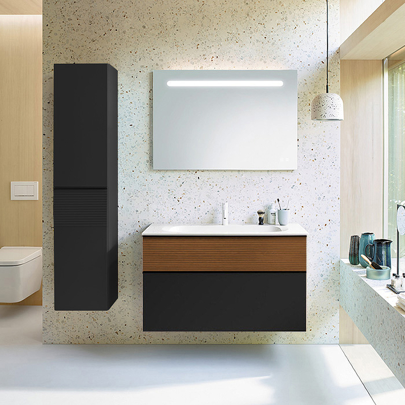 Фото Тумба с раковиной Burgbad Fiumo 100 SFXN102F3958FOT52G0200C0001*1 графит матовый/тик корица