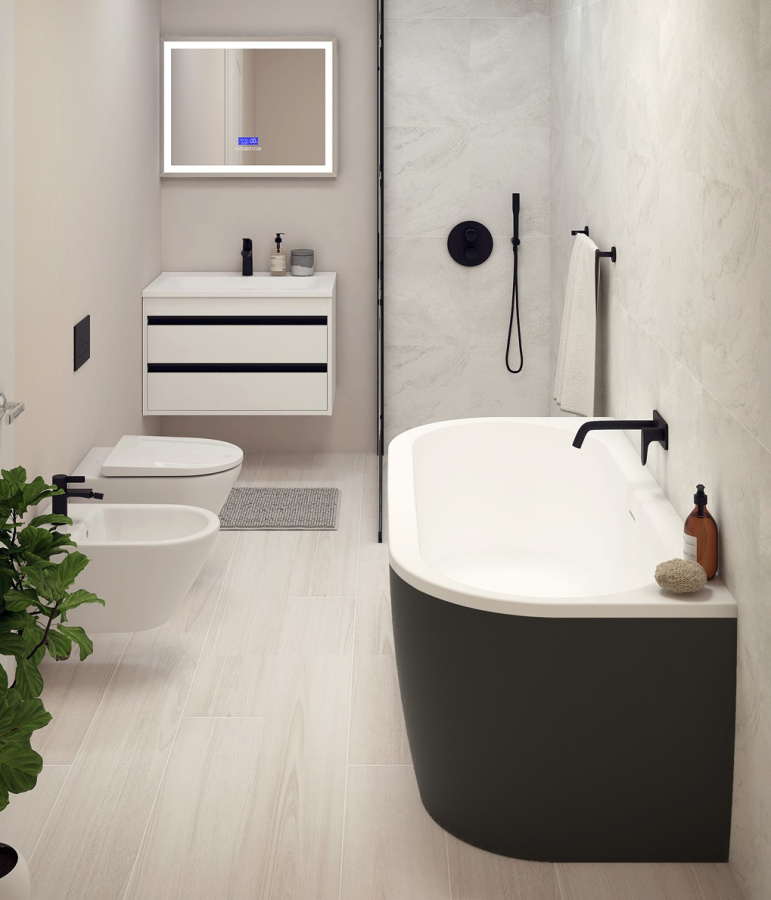 Фото Акриловая ванна Cezares Slim SLIM WALL-180-80-60-NERO-SET черная матовая