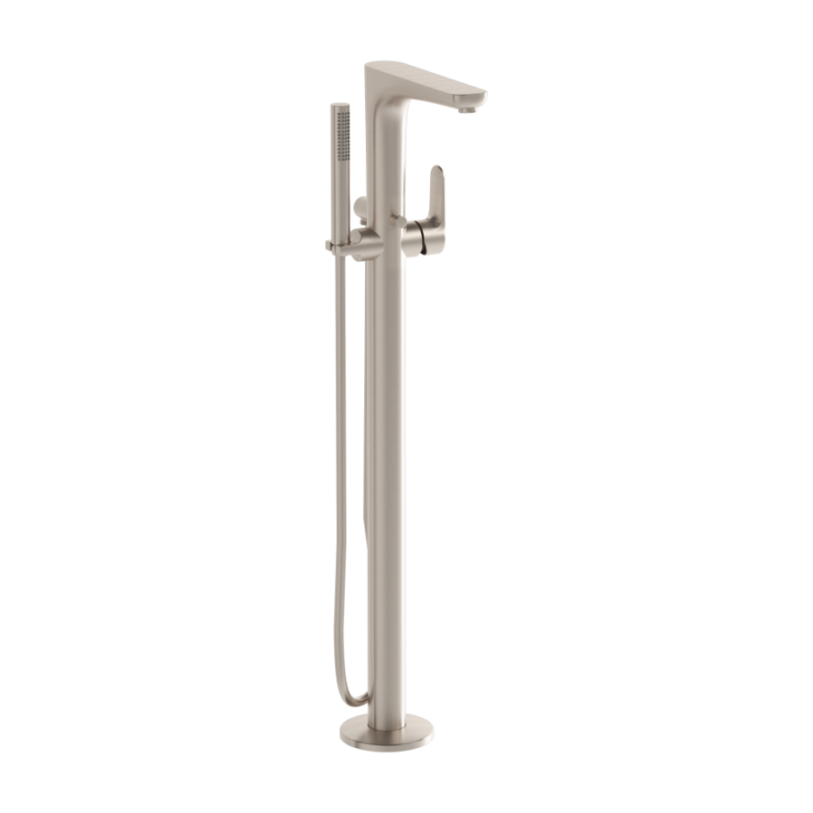 Фото Напольный смеситель для ванны Vitra Root Round A4274134EXP с душевым гарнитуром брашированный никель