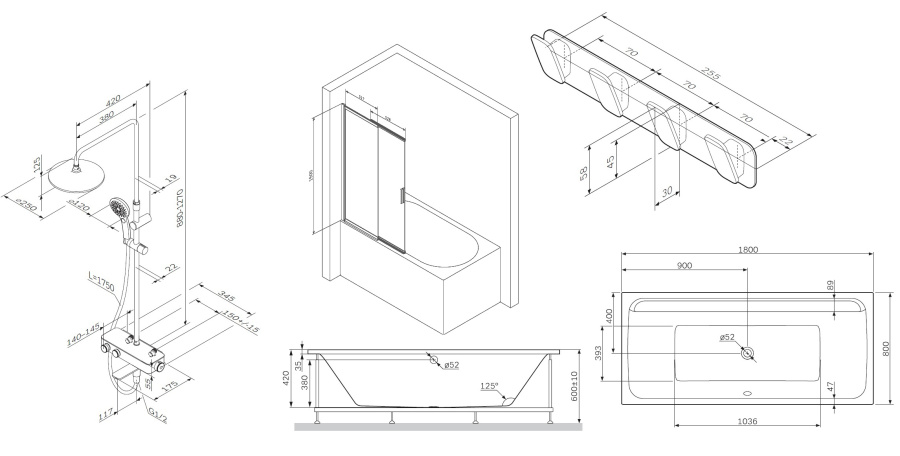 Фото Комплект ванны AM.PM Inspire V2.0 180x80 WK52EB с душевой системой и аксессуарами