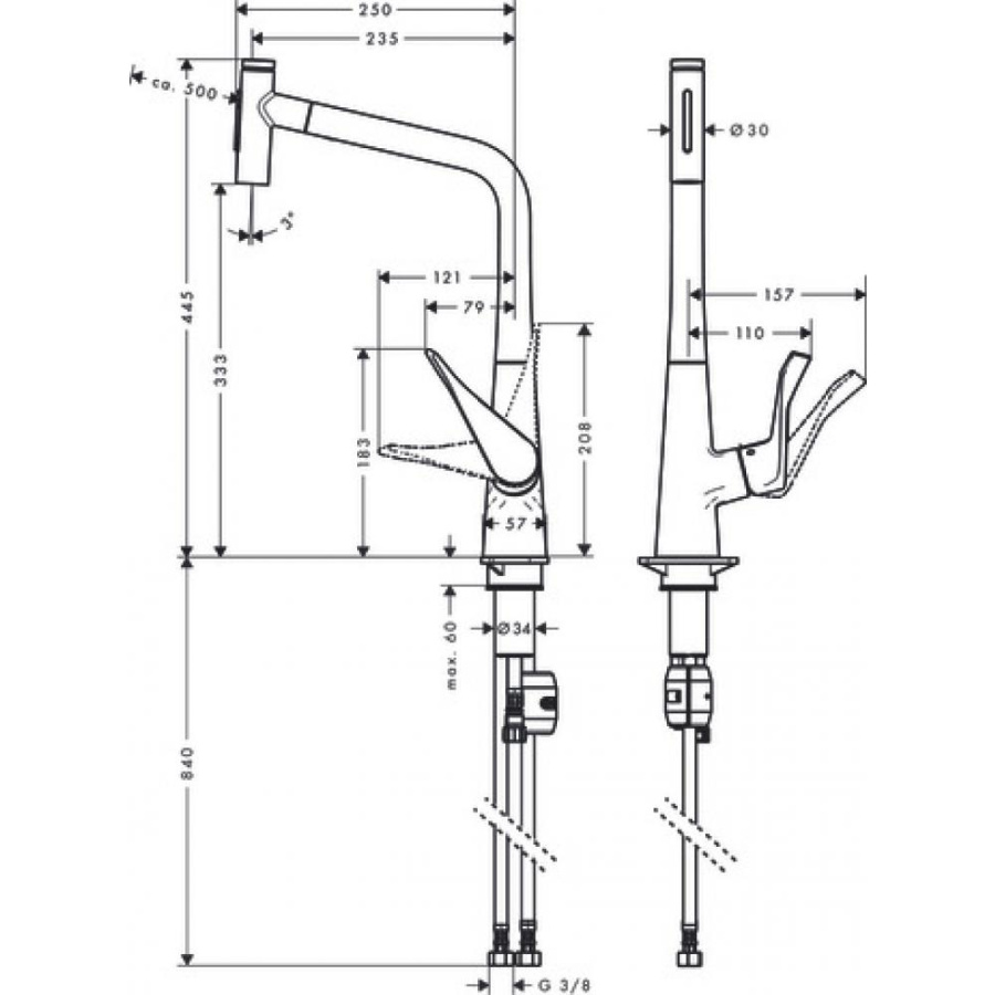 Фото Смеситель для кухни hansgrohe Metris Select M71, 320, 2jet 73820800 с вытяжным душем сталь