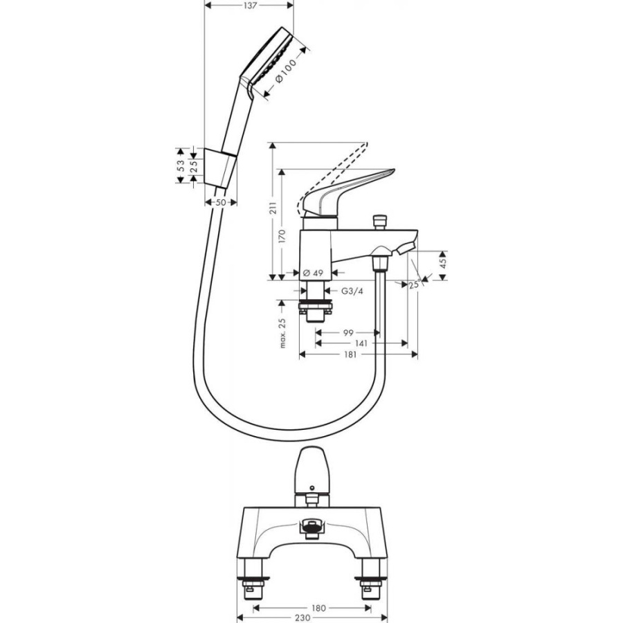 Фото Смеситель для ванны hansgrohe Novus 71044000 с душем