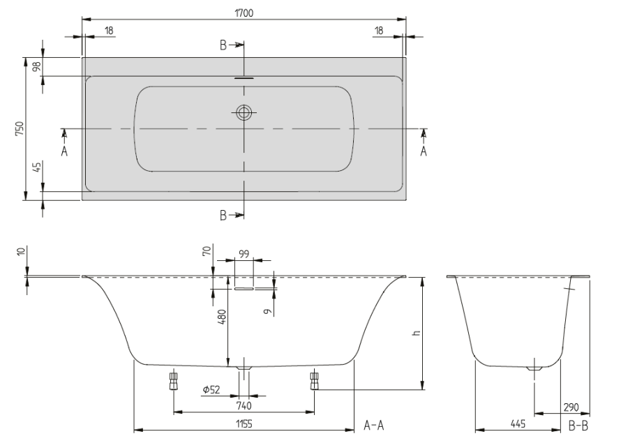 Фото Квариловая ванна 170х75 см Villeroy&Boch Subway 3.0 UBQ170SBW2DV-01 с ножками и сливом-переливом