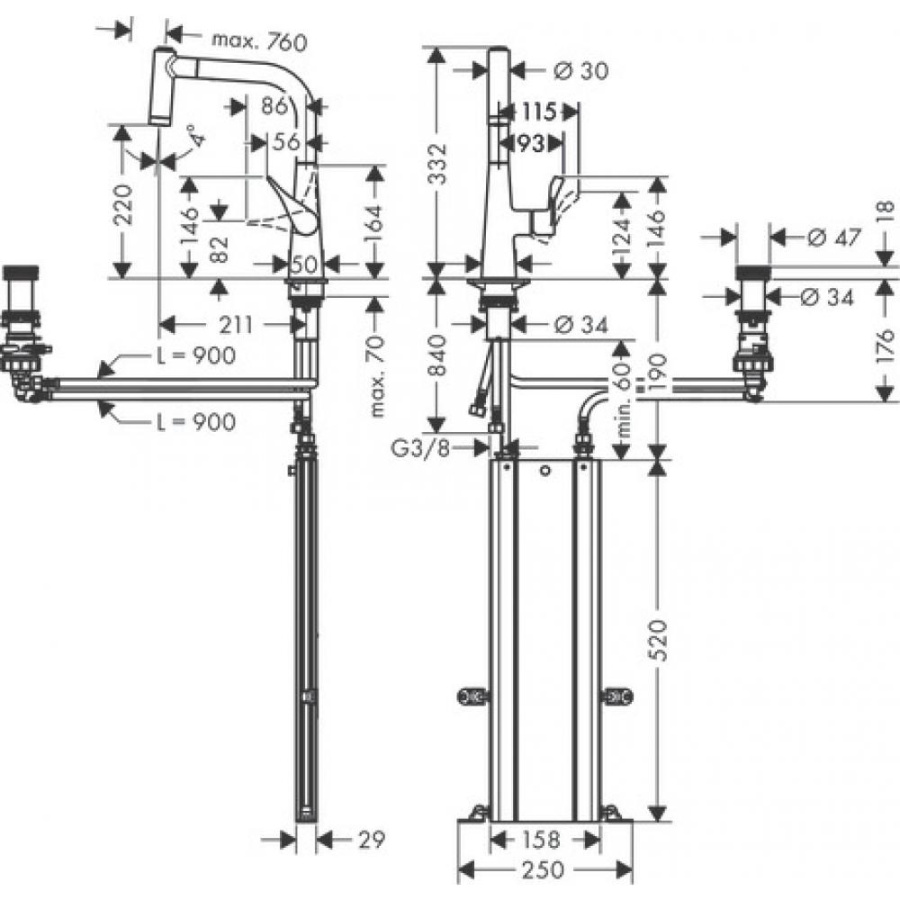 Фото Смеситель для кухни hansgrohe Metris Select M71 220, 2jet, sBox 73805800 на 2 отверстия, с вытяжным душем, сталь