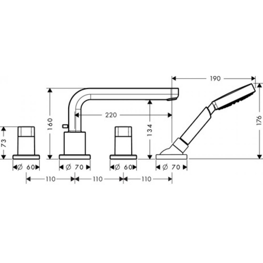 Фото Смеситель на край ванны hansgrohe Metris S 31447000 на 4 отверстия, излив 22 см, хром