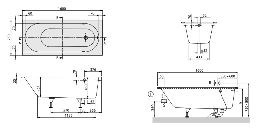 Фото Квариловая ванна Villeroy&Boch Oberon 160x75 UBQ160OBE2V-01