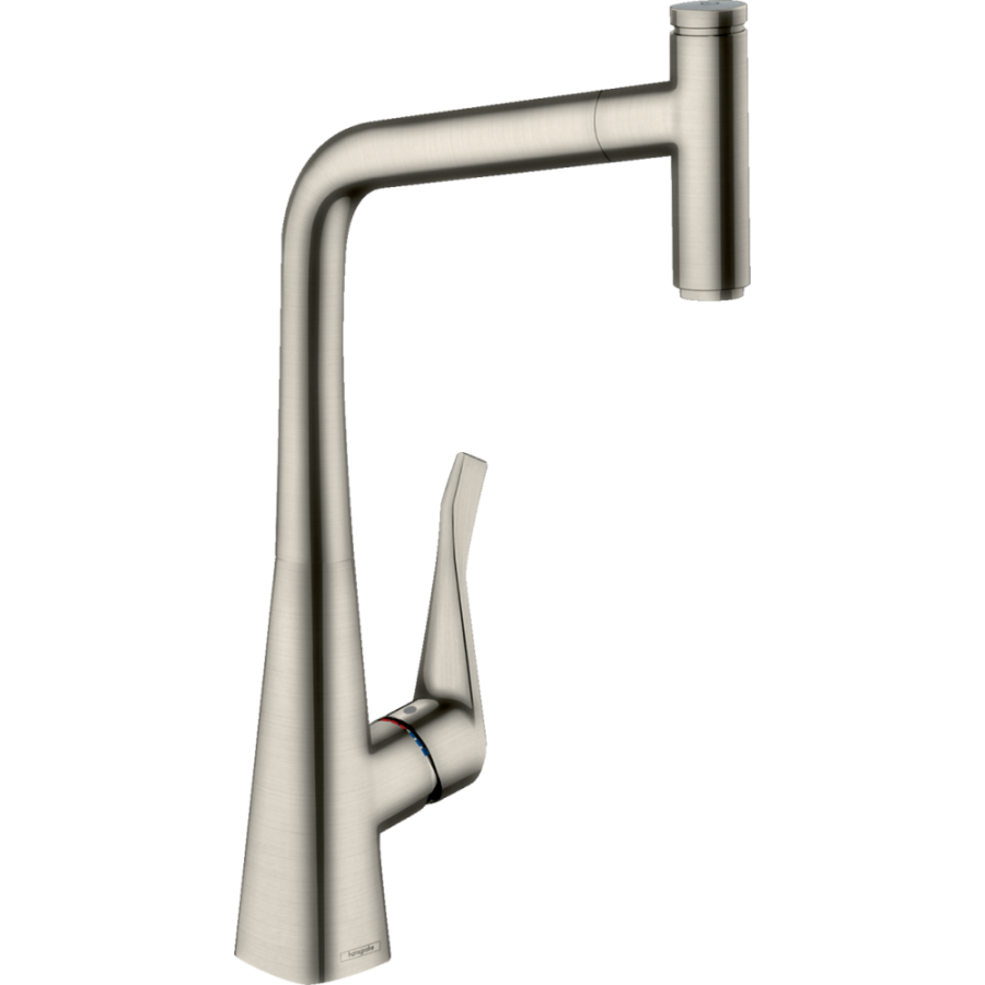 Фото Смеситель для кухни hansgrohe Metris Select M71, 320, 1jet, sBox 73803800 с вытяжным изливом сталь