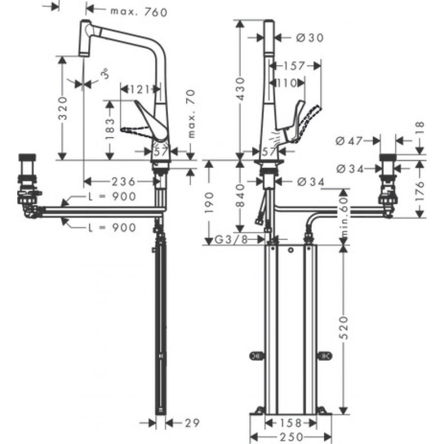 Фото Смеситель для кухни hansgrohe Metris Select M71 320, 2jet, sBox 73806800 на 2 отверстия, с вытяжным душем сталь