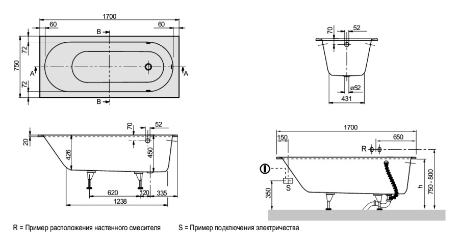 Фото Квариловая ванна Villeroy&Boch Oberon 170x75 UBQ170OBE2V-01