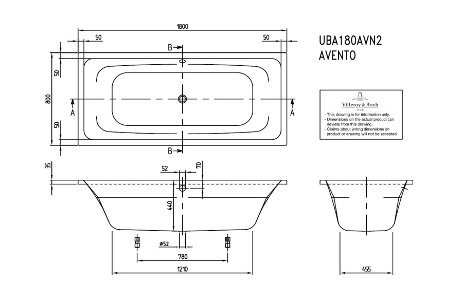 Фото Акриловая ванна Villeroy&Boch Avento UBA180AVN2V-01 180x80