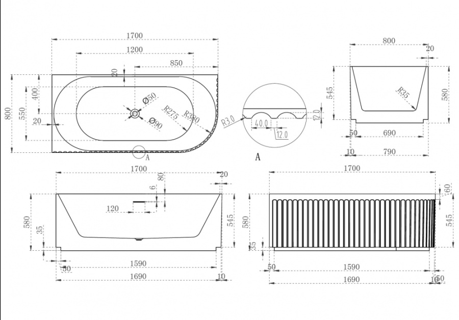 Фото Акриловая ванна Abber 170x80 AB9412-1.7 L