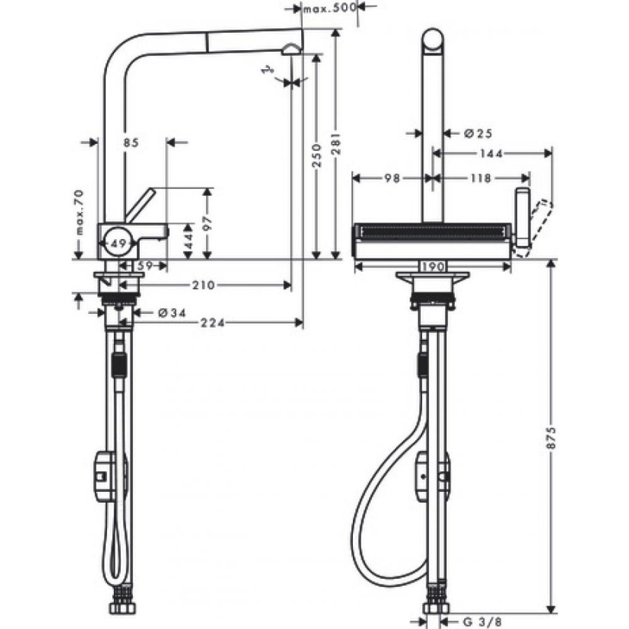 Фото Смеситель для кухни hansgrohe Aquno Select M81, 250, 2jet 73836800 с вытяжным душем сталь